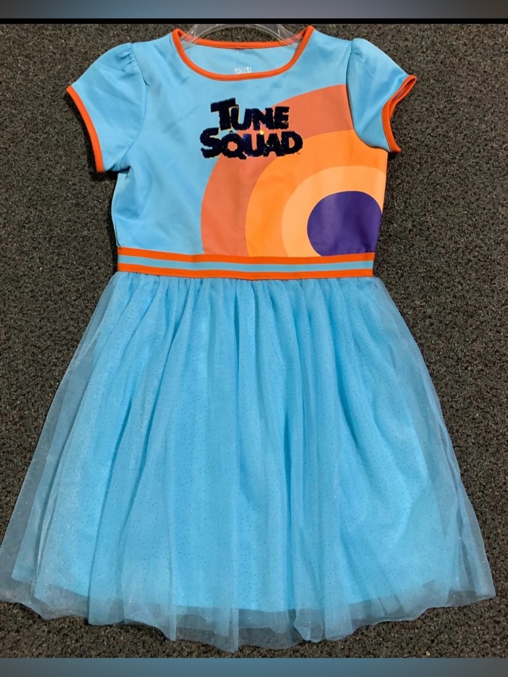 New Space Jam girls size XL (14/16) flip sequined blue and gold Tune Squad dress